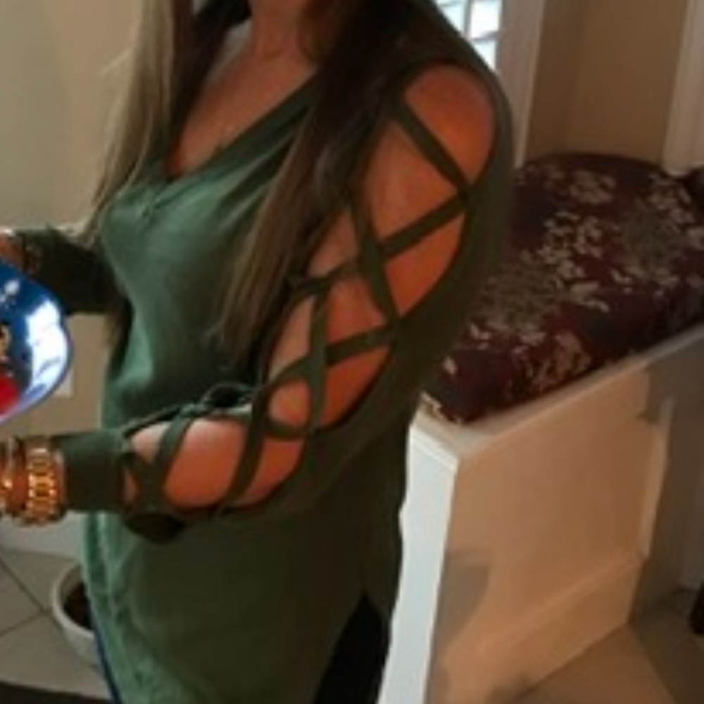 Olive Green V-Neck Sweater with Cut-Out Sleeves